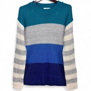 NWOT Colorblock Cozy Knit Sweater Women’s Large Teal Blue Gray Striped Layering